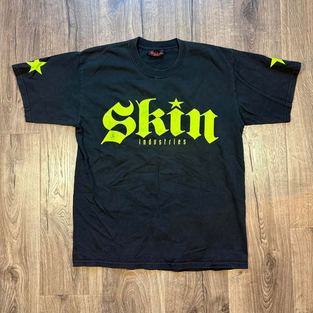 Vintage Skin Industries Graphic T-Shirt Medium Black Neon Green Y2K